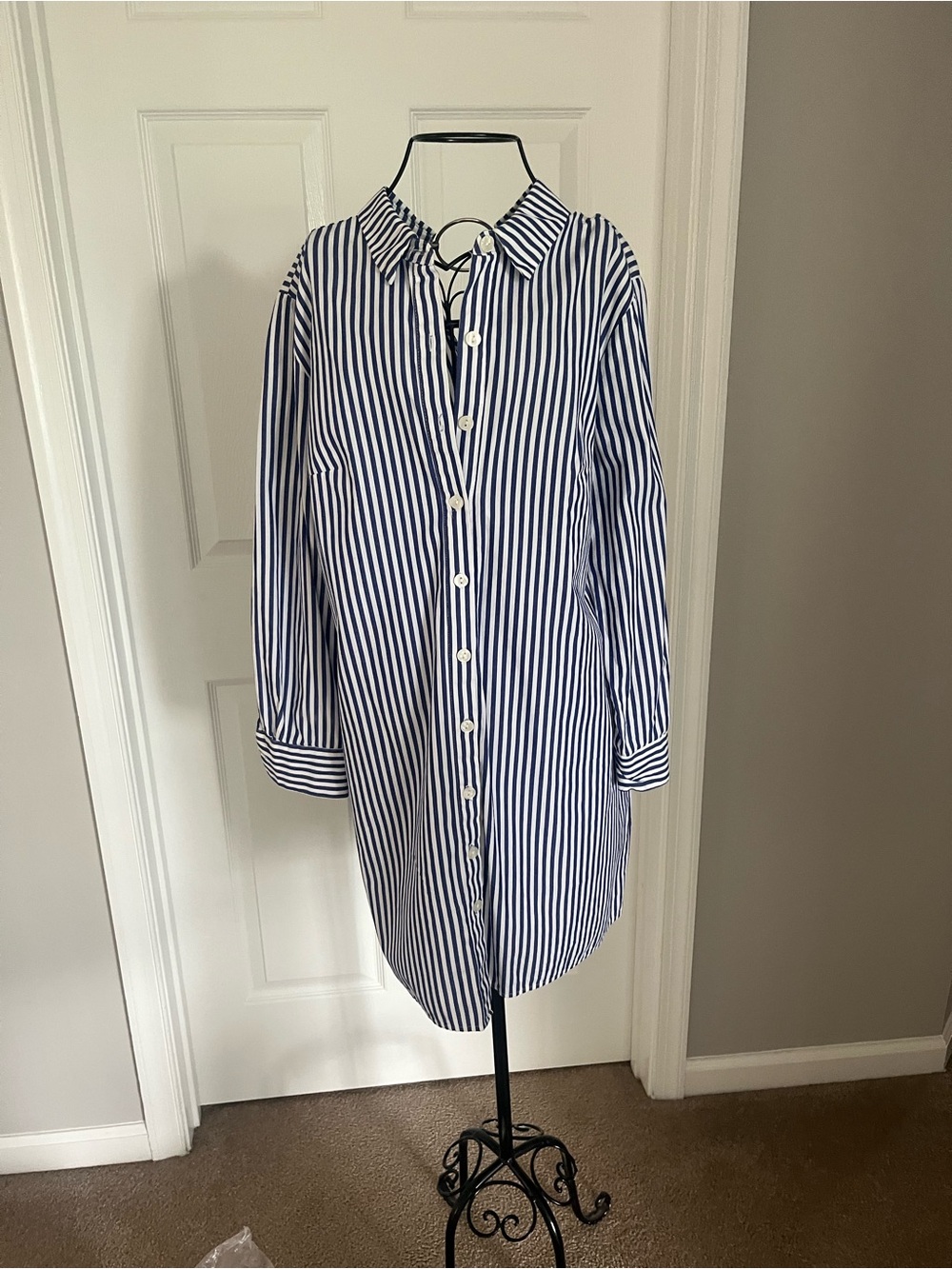 Women’s Blue & White Striped Button-Up Shirt Dress